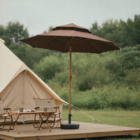 Patio Umbrella with Base UPF 50+ Two-Tiered Top Patio Umbrella Wood Look for Cafes, Backyard, Balcony, Camping