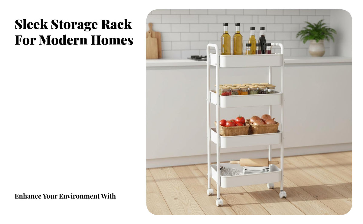 Rolling Storage Trolley Metal Frame Mobile Shelving Rack with Wheels Full-Rotation Casters Rolling Storage Cart for Kitchen, Washroom, Dorm Room