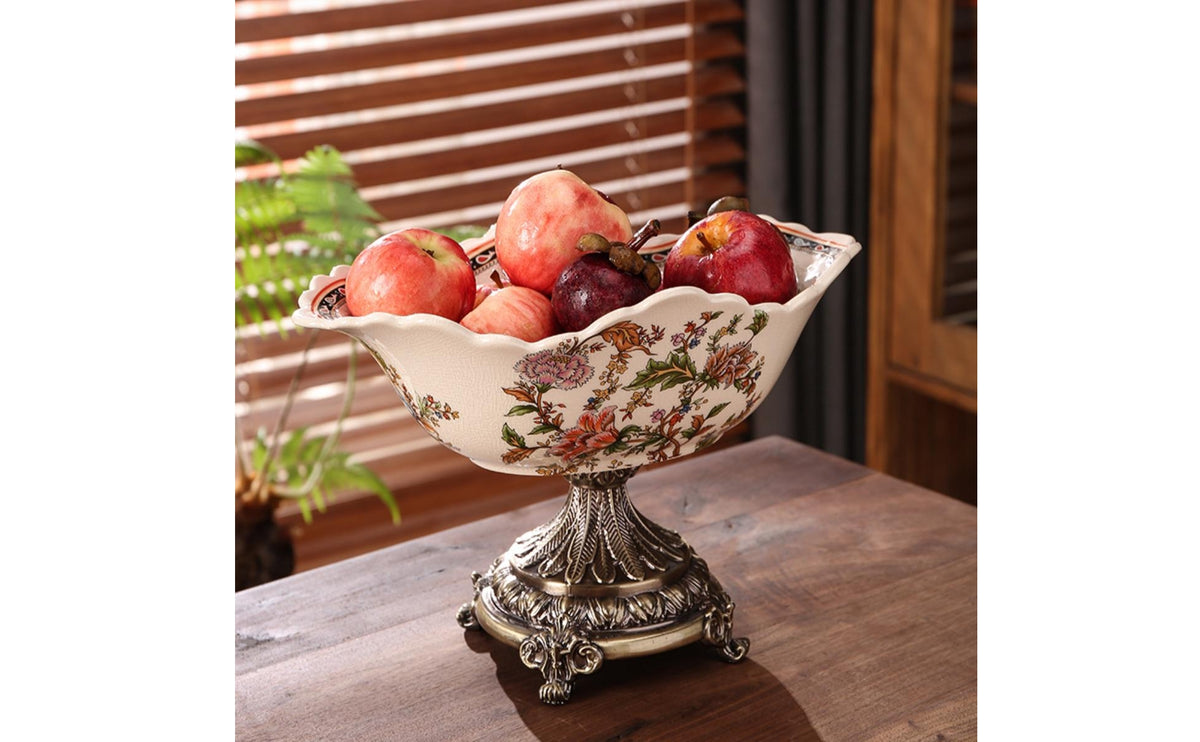 Fruit Bowl with Pedestal Ceramic Bowl with Pedestal Floral Dish for Dining Table, Sideboard, Living Room