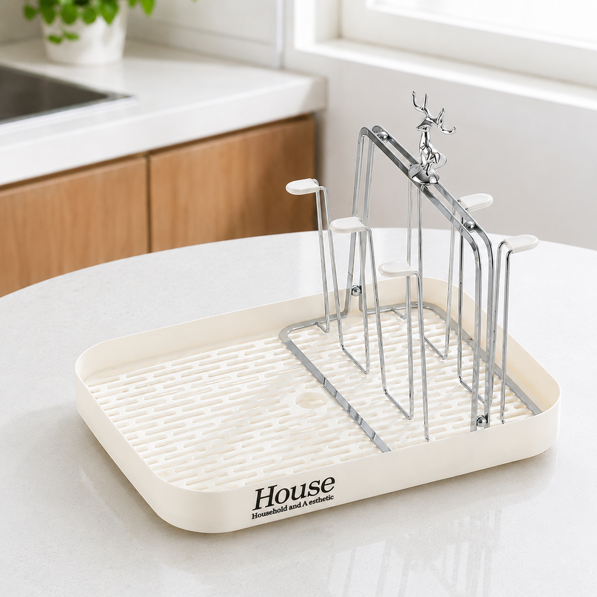 Drinkware Drying Rack Dish Drainer, 2 Tier Electroplated Silver Metal Dish Rack for Kitchen Counter, Luxury Mug & Glass Drainer Stand