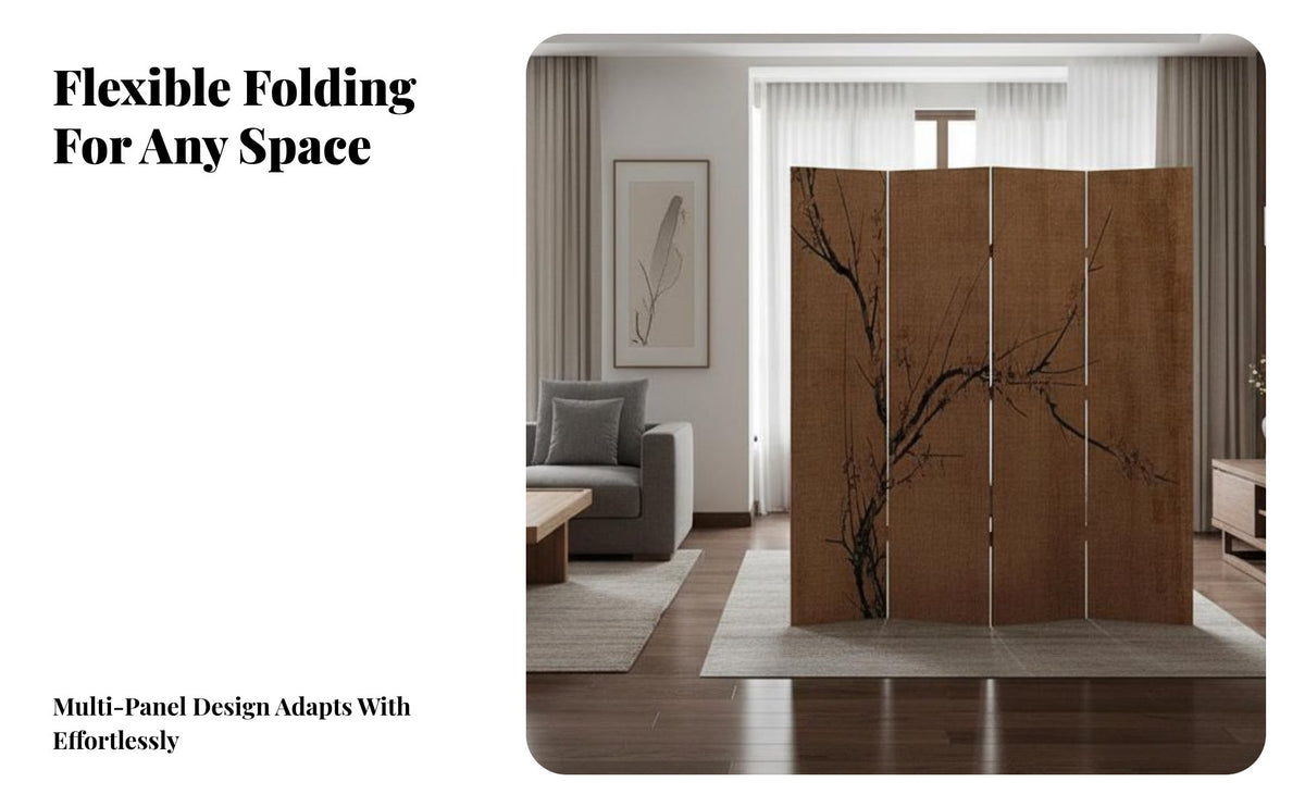 New Chinese Design 4-Panel Plum Blossom Partition Foldable Design Folding Screen Wabi-Sabi Aesthetic Room Divider Freestanding for Interior Designers, Business Owners, Office, Bedroom, Restaurant, Studio Apartment