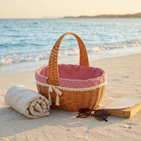 Arched Handle Picnic Basket Handwoven Lined Hand Basket Gingham Lining Container Lace Trim for Shopping