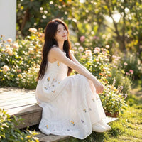 Lace Patchwork Long Dress Retro Design Embroidered Maxi Dress Lightweight women's Clothing for Young Adults, Teens, Vacation, Summer Outings