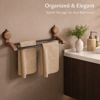 Wall Mount Rack and Towel Bar for Washroom Organization, Premium Walnut Wood Bath Holder for Small Space and Students