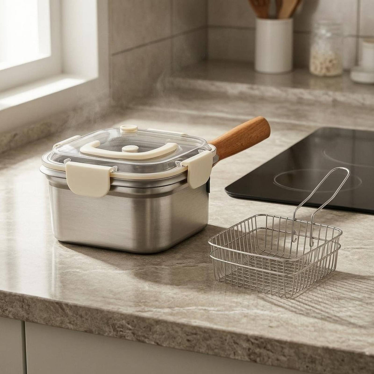 2 Pieces Deep Fryer Pot with Lid Wood-Grain Handle Stainless Steel Deep Fryer Pot