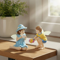 2 Pieces Boy and Female Fairy Figurines Hand Painted Miniature Whimsical Pair Statue Waterproof Figurine Set for Balcony, Desktop