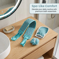 Bath Scrubber Set for Adults, Exfoliating Back Strap with Long Handles, Three Piece Kit with Mitt and Gloves, Textured Surface for