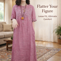 Summer Dresses for Women UK with Embroidered Detail, Linen Midi Dress with Short Sleeves, Loose for Beach Wear