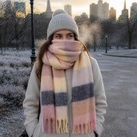 Mohair Plaid Scarf for Women, Korean Style Plush Tassel Warm Neck Wrap