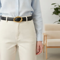 Classic Women's Leather Belt Simple Belt with Gold Buckle Stitched Accessory Stylish for Office