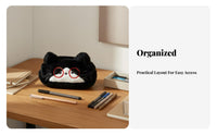 Embroidered Feline Face Bag Cute Design Cute Feline Zippered Pouch Large Capacity Soft Animal Pen Holder for Students, Girls