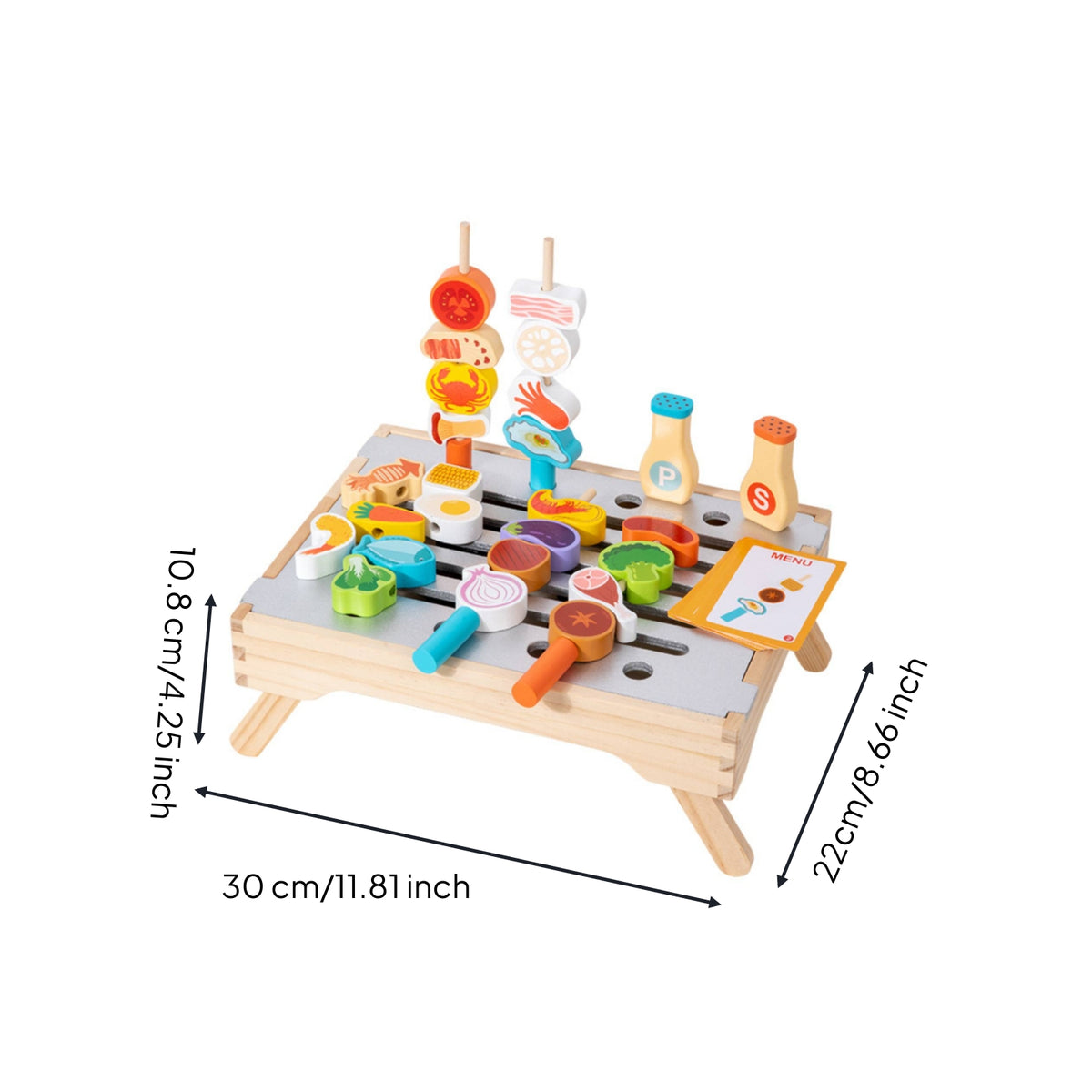 Tabletop Wooden Grill Playset Slatted Pretend Barbecue Grill Skewer Sticks Wooden Barbecue Toy Menu Cards for Children