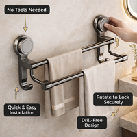 Sink Towel Bar, Carbon Steel No Drill Rack for Bathroom, Rust-Resistant Apartment Storage with 180° Rotation & Strong Suction, Secure Anti-Slip Design