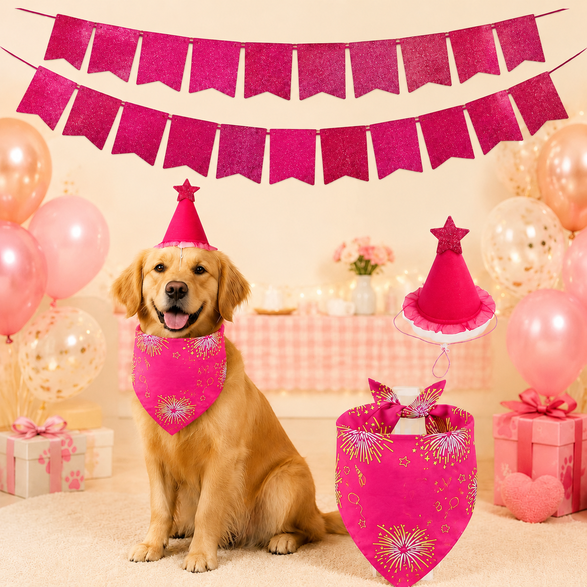 Dog Birthday Costume Banner, Cone Hat, Triangle Bandana Set, Pet's Special Day Celebration