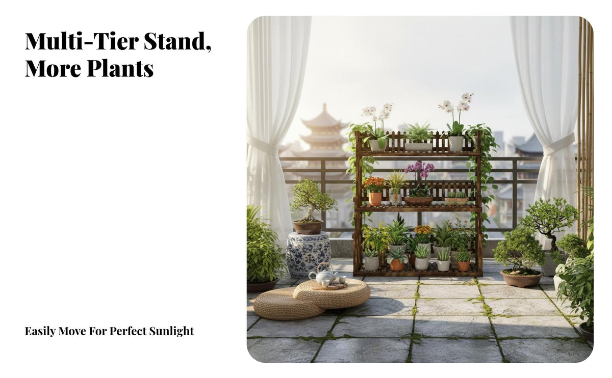 Carbonized Finish Outdoor Plant Display Rack with Wheels Solid Wood Material Multi-Tier Plant Stand Sturdy Structure Rolling Flower Rack Space Saving for Florists, Gardeners, Homeowners, Balcony, Indoor, Living Room, Wedding