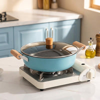 Dutch Oven Casserole Dish with Cast Iron Base, Versatile Hot Pot and Soup Pot for Stew, 3.1-4L Shabu Shabu Stew Pot with Glass Lid, Wood Handle