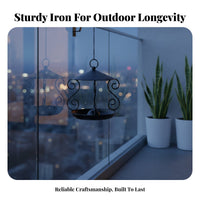 Wrought Avian Feeder Shielded Roof Black Metal Avian Feeder Hanging Tray Powder Coated Finish Garden Accessory