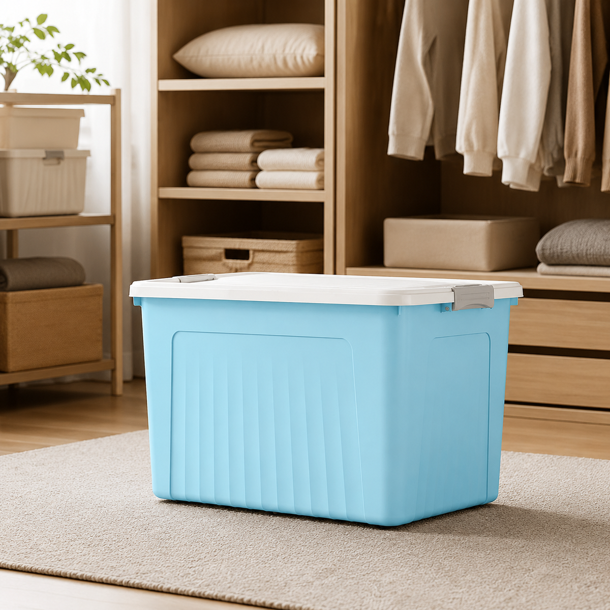 Storage Box with Lid, Clothes Case, Striped Pattern, Sky Blue, 40-50L, with Casters, 81x60x48cm
