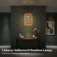 Natural Material Chinese Aesthetic Hanging Light Shade Vintage Look Handmade Bamboo Lantern Artistic Shape Bamboo Woven Lampshade Easy Installation for Interior Designers, Restaurant Owners, Dining Room, Wedding Venue, Guesthouse, Bedroom