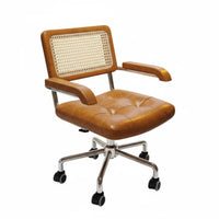 Vintage Design Cane-Back Whiteice Armchair Adjustable Height Swivel Seat Effortless Rolling Casters Desk Seating Tufted Cushion for Students, Professionals, Study Room, Workspace, Bedroom