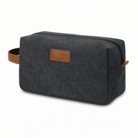 Leather Trim Canvas Toiletry Bag Zippered Waterproof Toiletry Bag Woven Texture