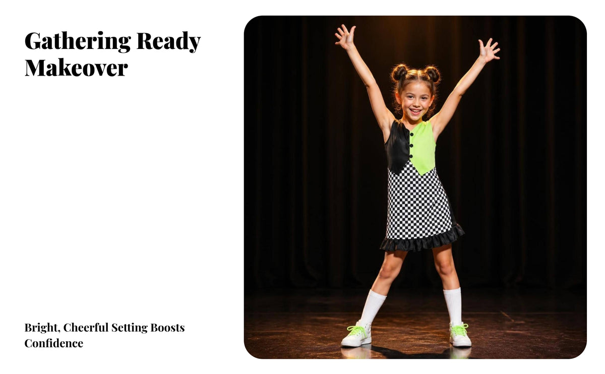 Halloween Performance Dress | Checkered Front Panel, Short Ruffled Hem, Costume Dress, for School Performances