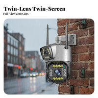 Twin Lens PTZ Security Camera Pan & Tilt Function Twin Lens Security Camera Weatherproof IP66 Waterproof for Home Exterior, Yard