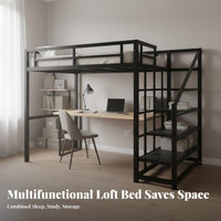Dormitory Loft Bed Nordic Design Metal Loft Bed with Desk Space Saving for Young Adults, Teenagers, Small Areas, Studio Apartment, Home Office
