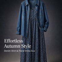 Denim Dresses for Women 2 Piece Outfits with Long Sleeve Shirt and Floral Print Dress, Plus Size Two Sets for Autumn Casual Wear
