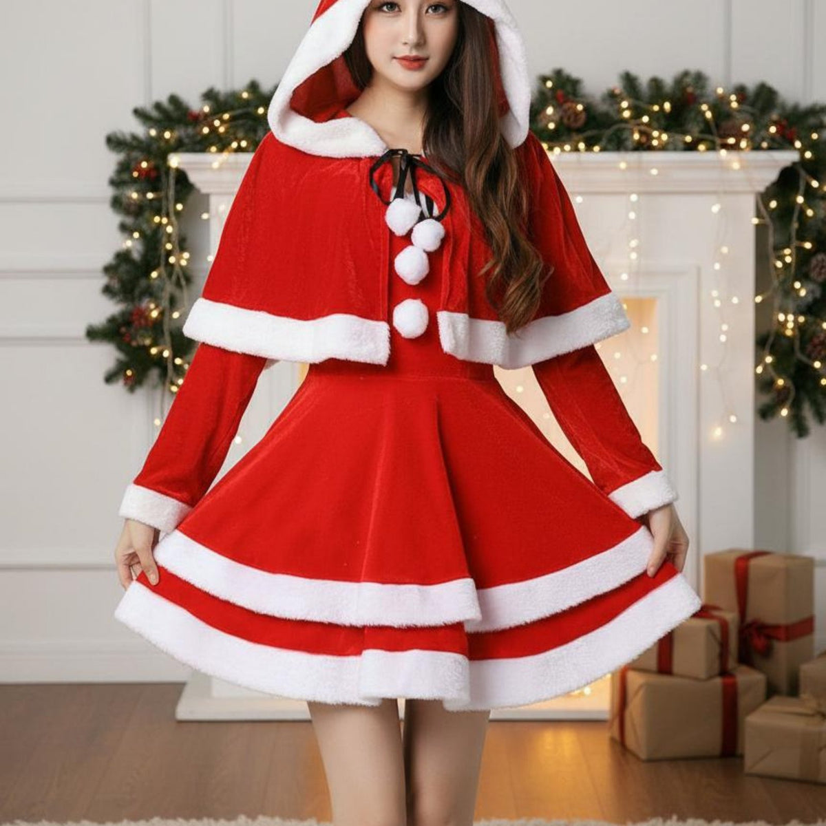 Women's Santa Dress Festive Design Women's Santa Costume White Trim Christmas Party Dress for Adults, Stage Performance, Cosplay