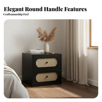 Vintage Aesthetic Rattan-Front Drawer Cabinet Mid-Century-Century Modern Rattan Front Cabinet Boho Aesthetic Nightstand Compact Footprint for Interior Design Enthusiasts, Apartment Dwellers, Homeowners, Guest Room, Entryway, Hallway, Home Office