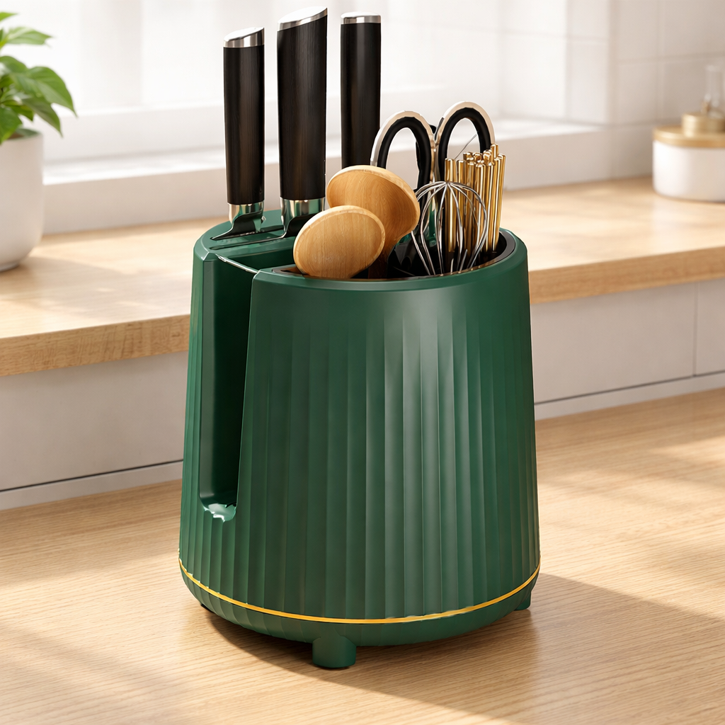 360° Rotating Kitchen Utensil Pot, Synthetic Utensil Holder 21.5x14 cm, Spice Storage for Amateur Cooks, Non-Slip Base