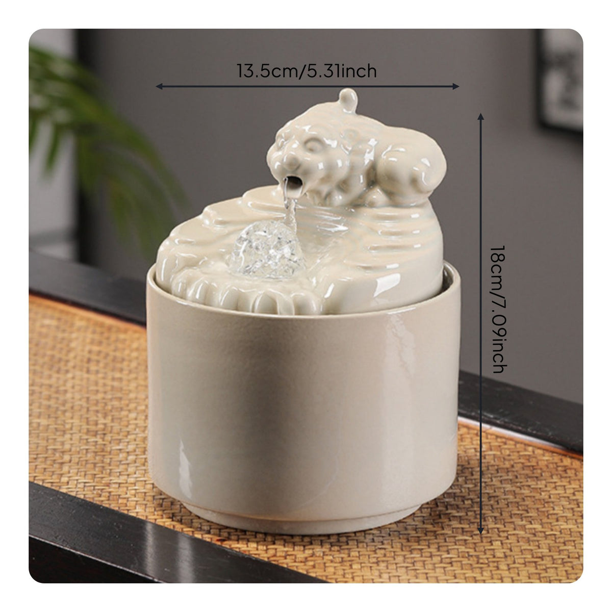 Wealth Attracting Ceramic Pixiu Water Fountain Elegant Design Desktop Zen Fountain Handmade Craft Small Circulating Water Ornament for Office, Living Room, Entryway