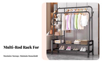 Easy Assembly Heavy Duty Garment Rack Large Capacity Freestanding Metal Garment Stand Multi-Purpose Double Rod Clothing Organizer Movable for Homeowners, Students, Renters, Balcony, Bedroom, Laundry Room, Entryway