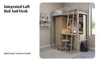 Space-Saving Dormitory Bed with Desk Multi-Functional Metal Loft Bed with Desk Stable Structure Bedroom Furniture Sturdy Guardrail for Students, Dorm Residents, Young Adults, Small Apartment