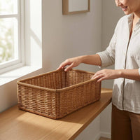 Hand Woven Tray Basket Rounded Edges Rattan Storage Basket Light Brown