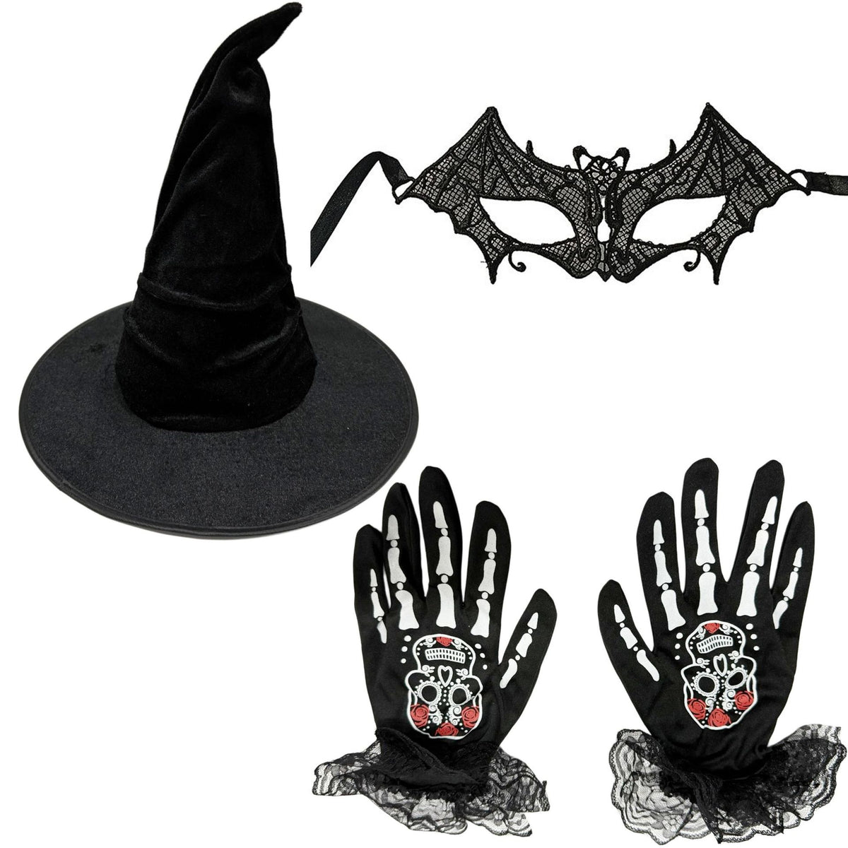 Halloween Black Witch Costume Hat and Lace Gloves Set