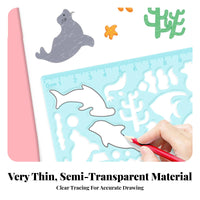 4 Pieces Creature Drawing Stencil Set Lightweight and Portable Plastic Creature Template Ruler Even Edges for Preschoolers, Crafting