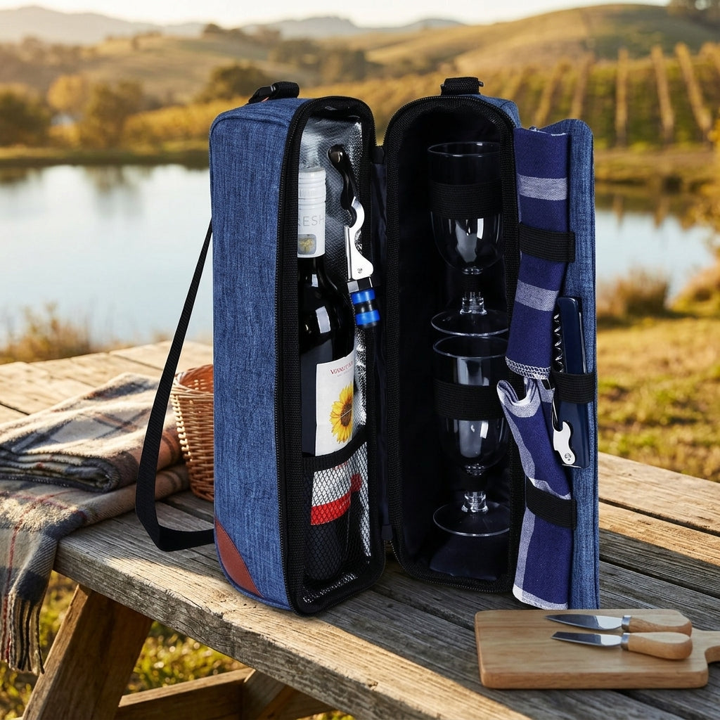 Gift Bag and Denim Tote Bag for Picnic Camping, Insulated Picnic Bag with Shoulder Strap and Bottle Carrier, Leakproof Padded Bottle Bag, Blue