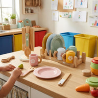 33 Pieces Pastel Accents Wooden Tableware Set Storage Display Pretend Kitchen Accessories Polished Edges Play Plates and Cups Realistic for Children
