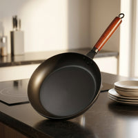 Frying Pan for Stir Fry and Searing Steak Pan, Heavy Duty Refined Iron with Hammered Texture, Induction Hob Compatible Wood Handle, 1 Pack