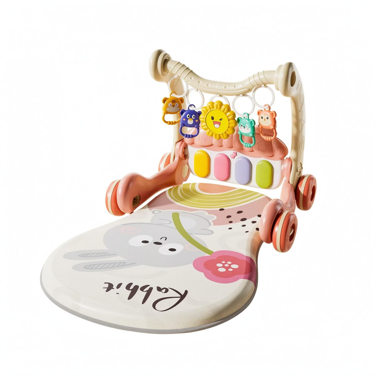Detachable Play Mat 2-in-1 Baby Activity Gym Stroller Curved Push Handle Baby Activity Stroller Hanging Animal Toys Walk-Behind Coach Piano-Style Keys for Babies, Walking Practice