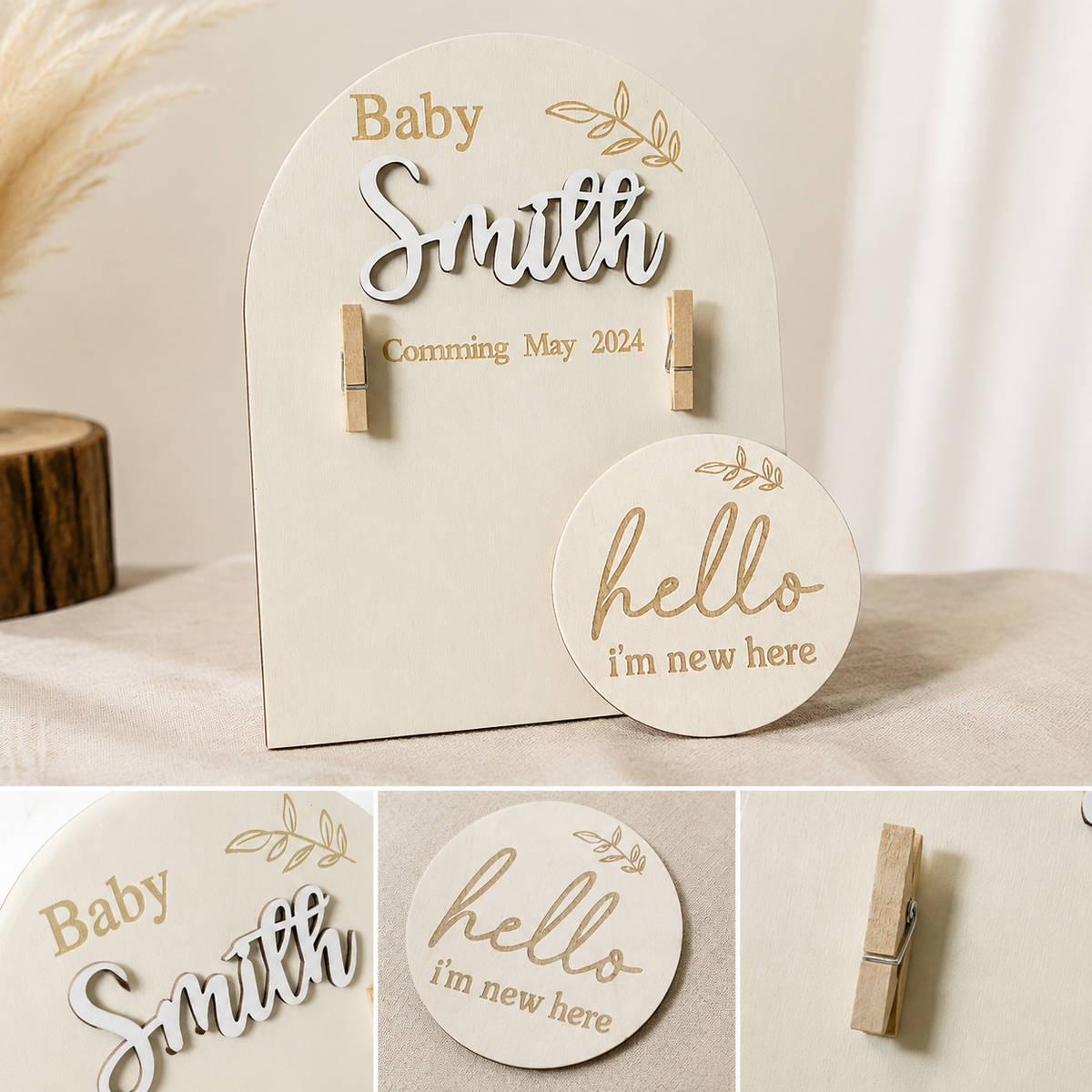 Wooden Ultrasound Photo Frame, Double-Sided Sign for Pregnancy Announcement or Baby's Birth, Wood Decor