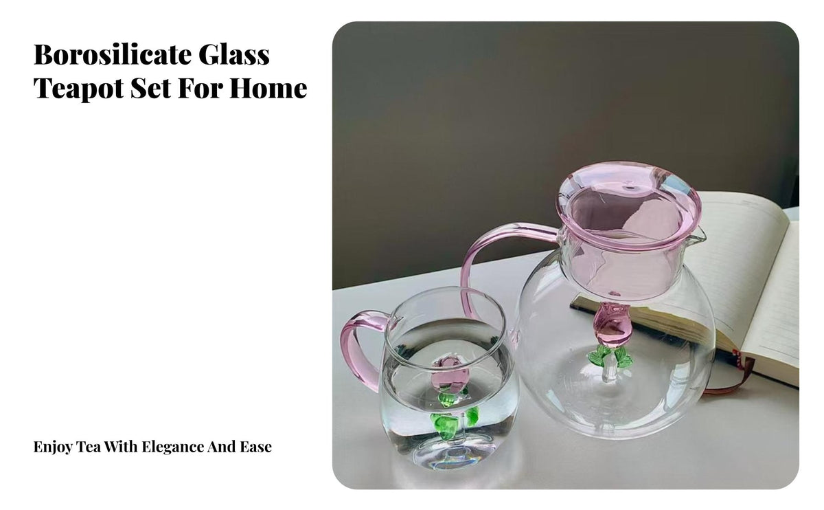 Glass Flower Pitcher Teapot Heat Resistant 3D Floral Glass Kettle Rose Infuser Tea Pot for Women, Adults, Kitchen, Living Room, Parties