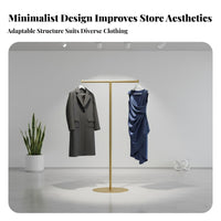High and Low Configuration Island Display Rack Shiny Finish Gold Clothing Display Shelf Modern Design Gold Clothing Rack with Shelf Easy to Assemble for Retailers, Shopkeepers, Retail Space, Showroom