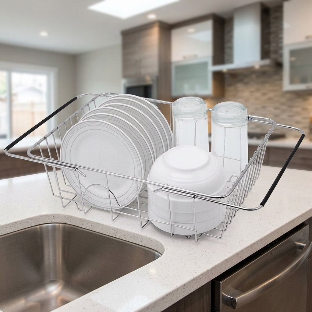 Dish Rack and Sink Drainer with Wire Grid, Stainless Steel Drainer Rack for Kitchen Sink, Space Saving Design for Food Waste and Clean Dishes