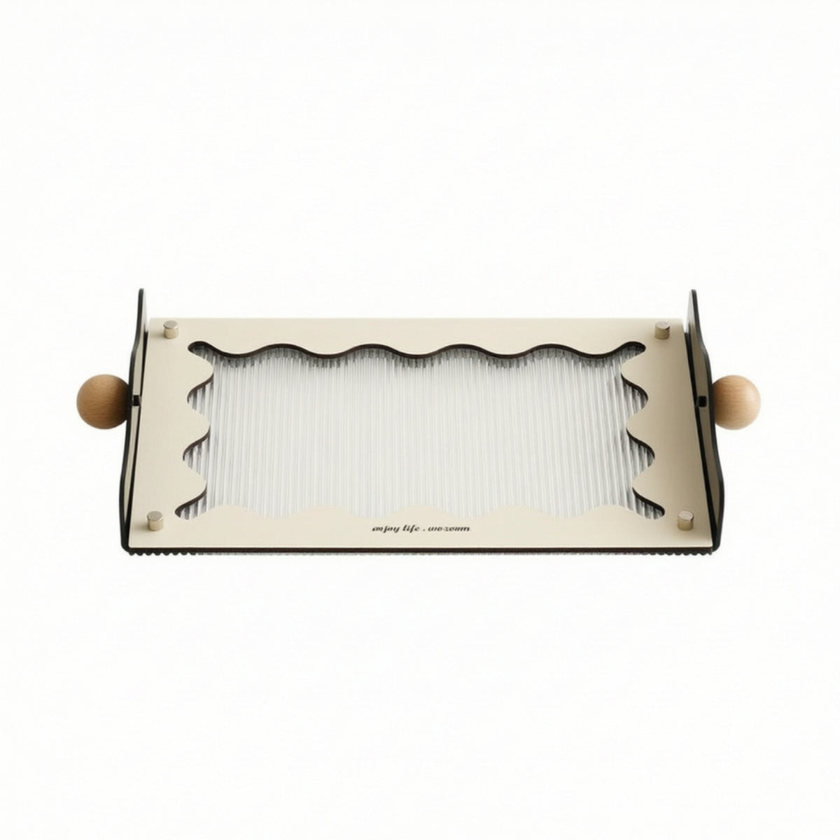 Tabletop Storage Tray Ribbed Tray with Wooden Handles Wavy Organizer for Living Room