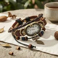 Handmade Leather Bracelet Watch Adjustable Band Oval Dial Bracelet Watch Gold-Tone Frame