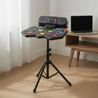 Portable Foldable Drum Practice Mat Beginner Friendly Tabletop Drum Kit Low Noise Digital Percussion Pad Headphall-in-All-in-One Audio Port for Beginners, Drummers, Travel, Apartment Living, Desktop, Studio
