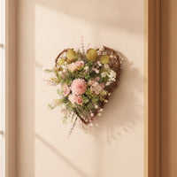 Heart Wreath with Rattan Frame Handwoven Floral Wreath Wall Hanging Outdoor Door Hanger Handmade for Entryway, Wedding